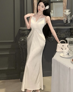 Fashion travel V-neck satin simple sling seaside long dress