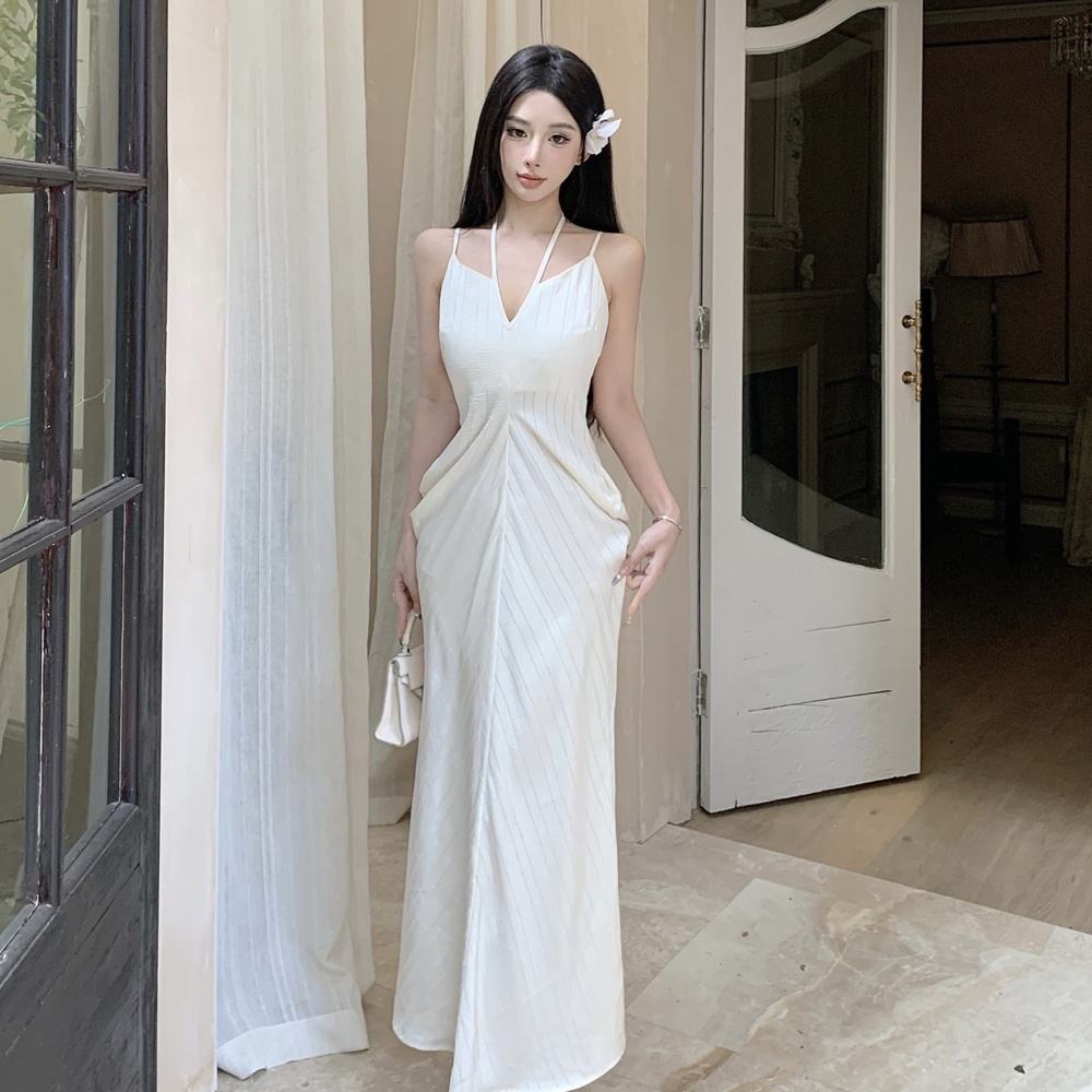 Fashion travel V-neck satin simple sling seaside long dress