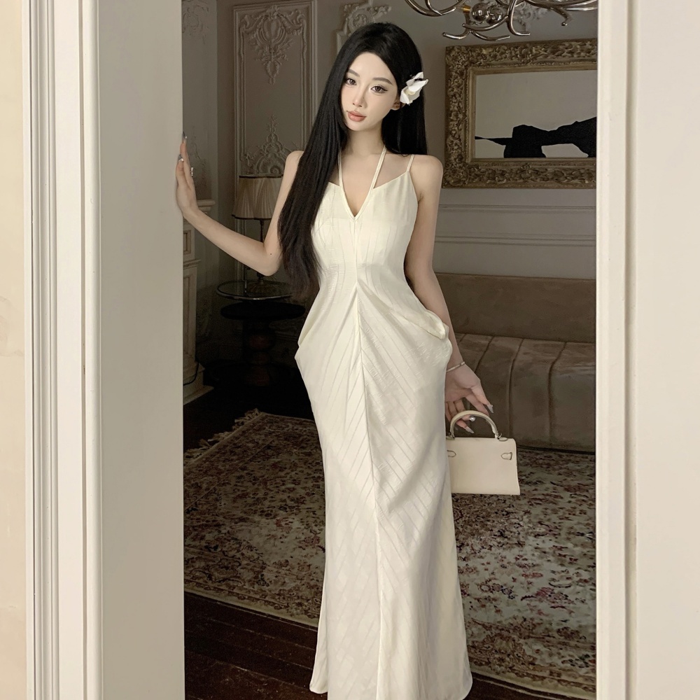 Fashion travel V-neck satin simple sling seaside long dress