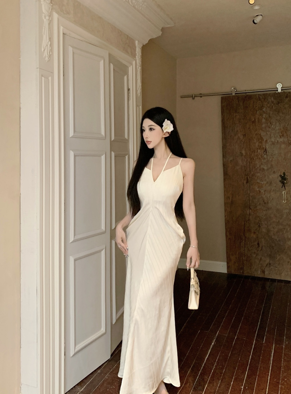 Fashion travel V-neck satin simple sling seaside long dress