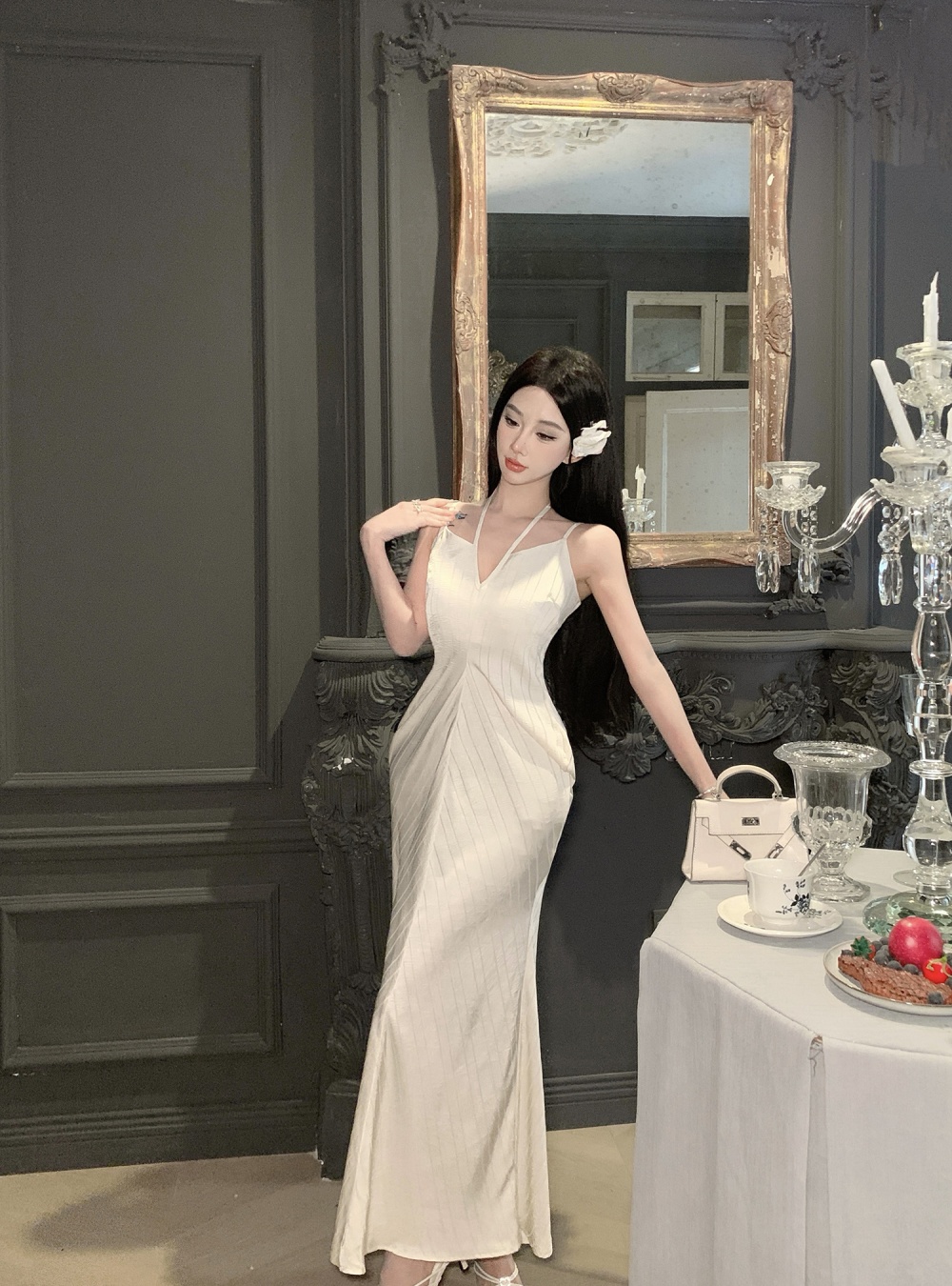 Fashion travel V-neck satin simple sling seaside long dress