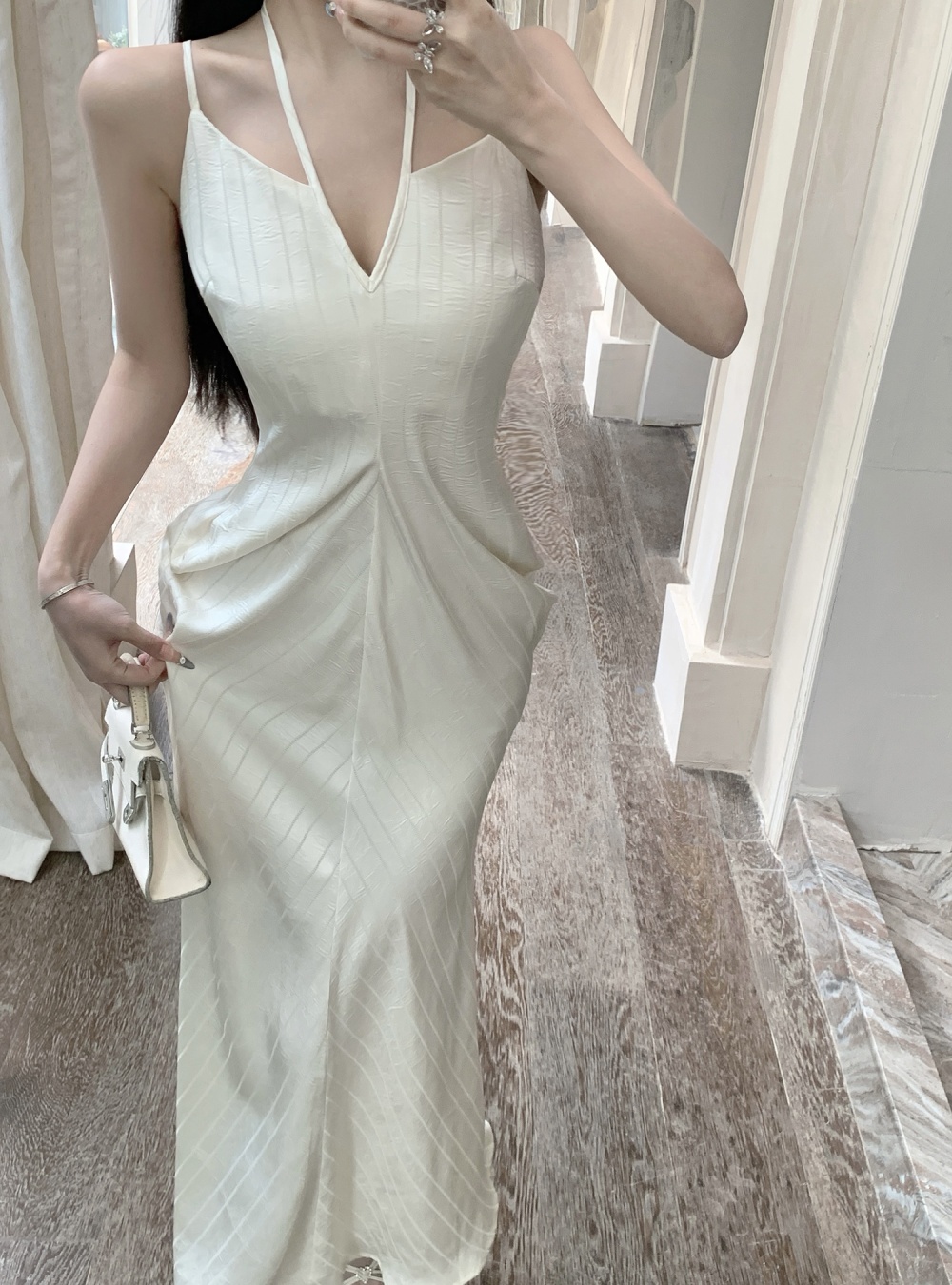 Fashion travel V-neck satin simple sling seaside long dress