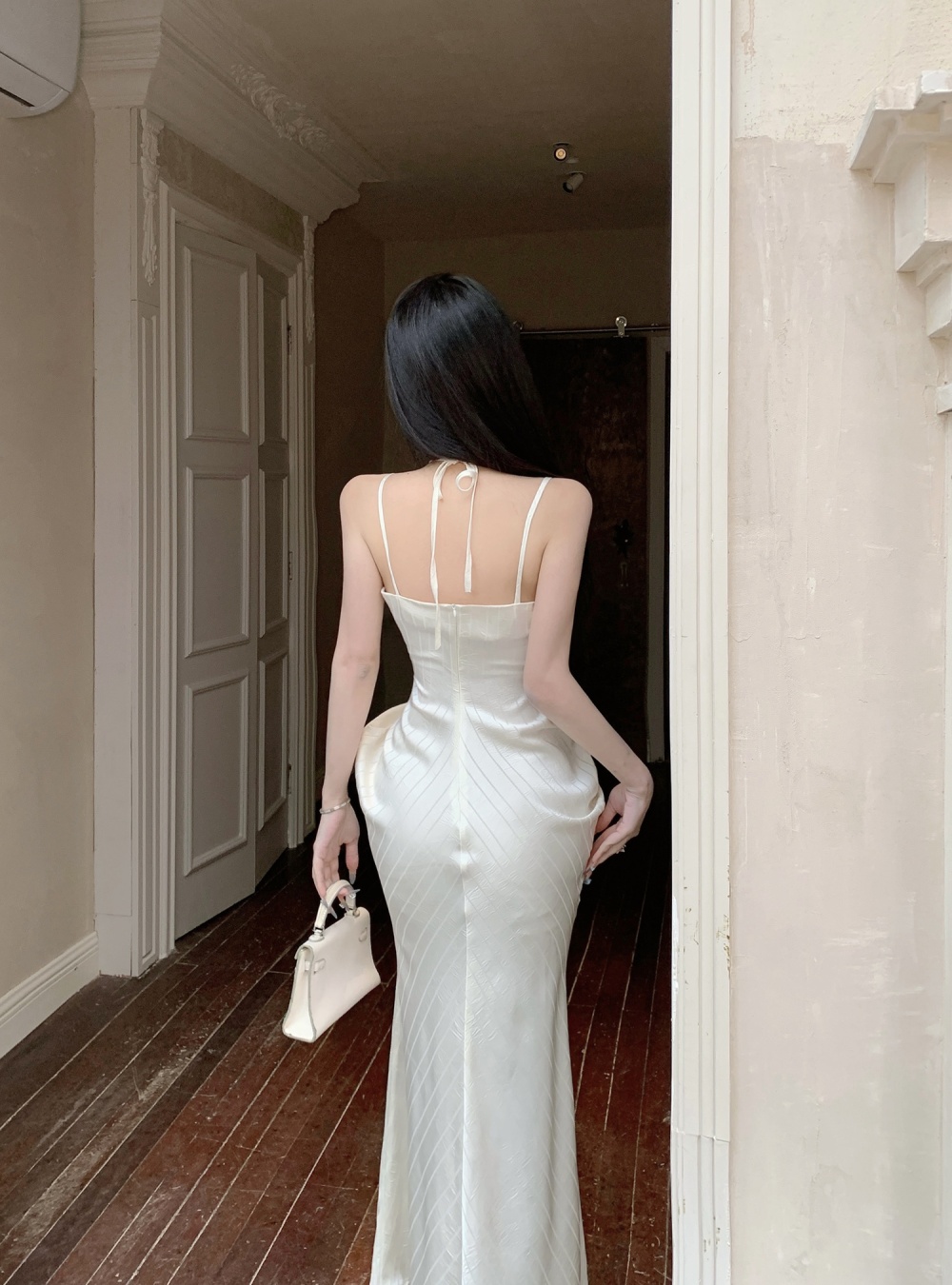Fashion travel V-neck satin simple sling seaside long dress