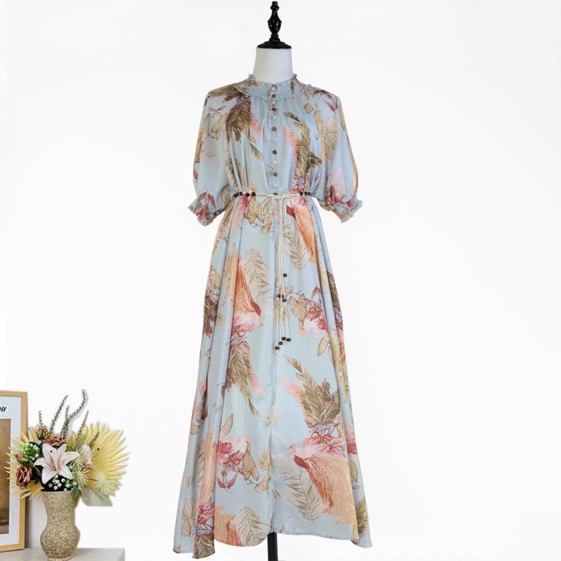 Summer green long belt elegant style real silk dress