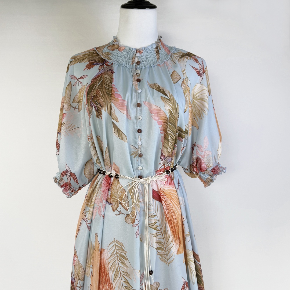 Summer green long belt elegant style real silk dress