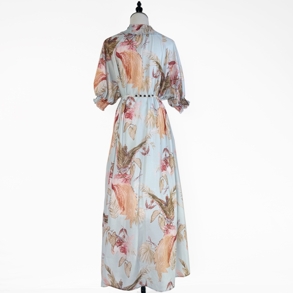 Summer green long belt elegant style real silk dress