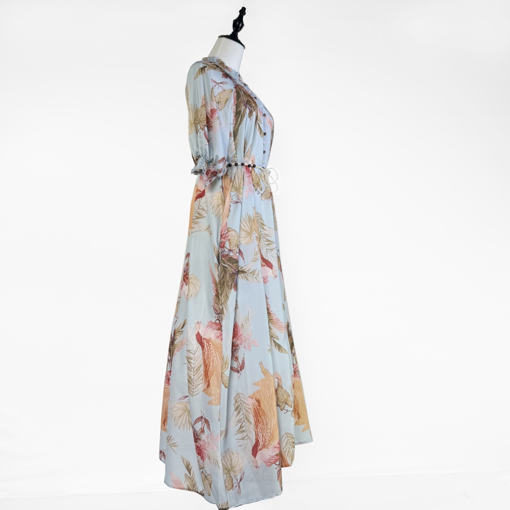 Summer green long belt elegant style real silk dress