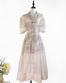 Printing splice sleeve lace fashion lapel dress