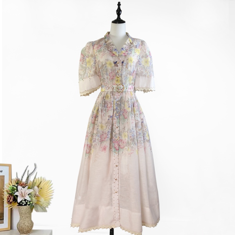 Printing splice sleeve lace fashion lapel dress