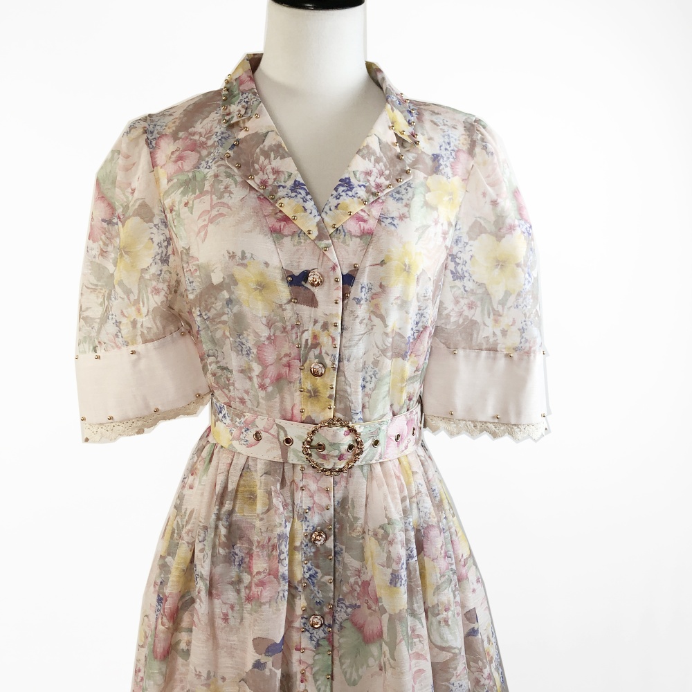 Printing splice sleeve lace fashion lapel dress