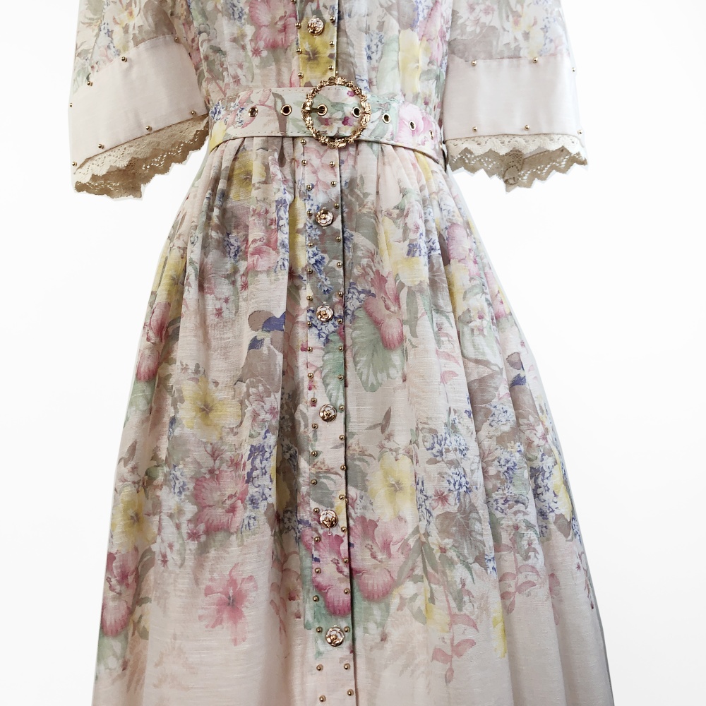 Printing splice sleeve lace fashion lapel dress