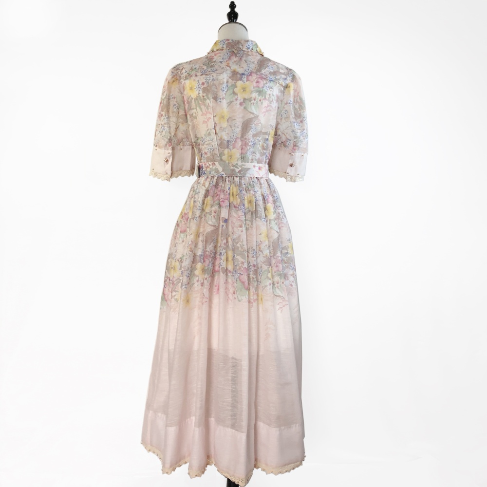 Printing splice sleeve lace fashion lapel dress