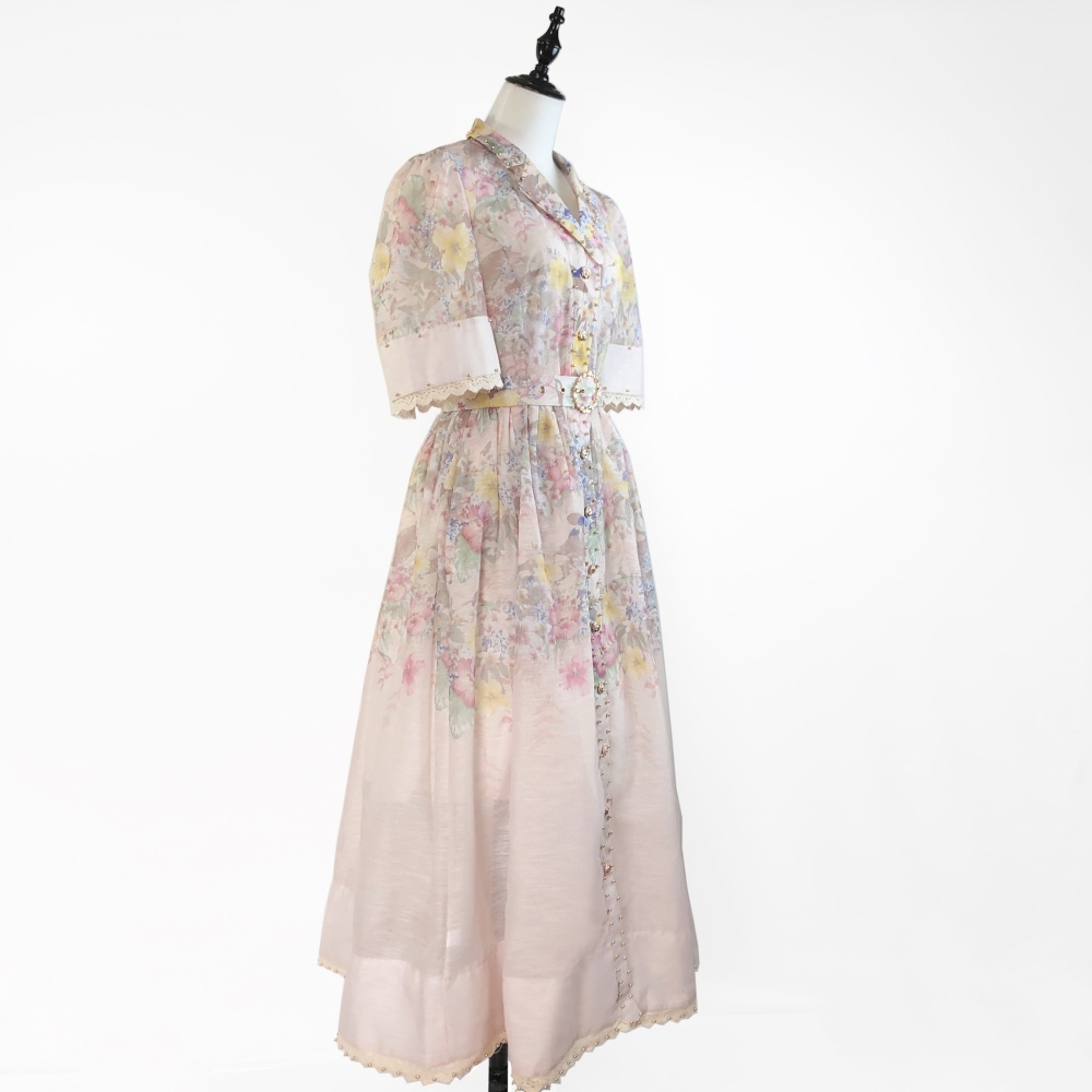 Printing splice sleeve lace fashion lapel dress