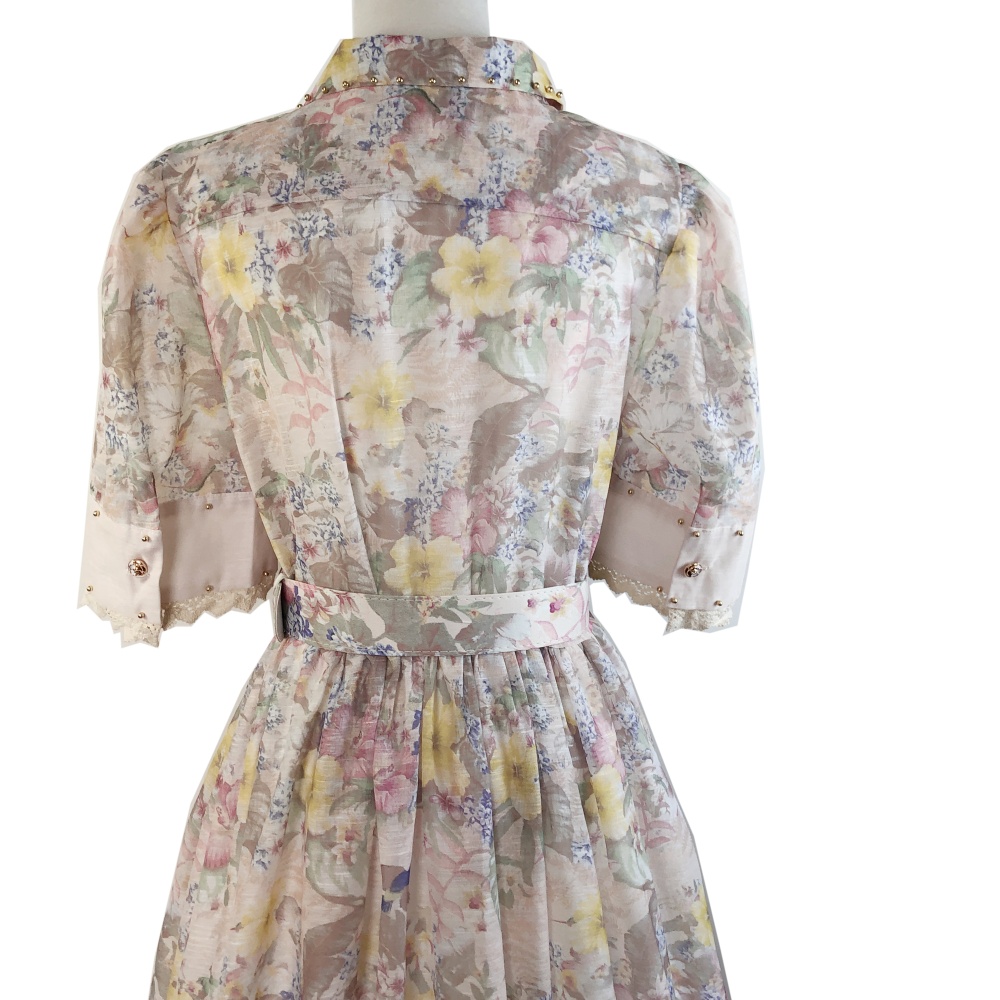 Printing splice sleeve lace fashion lapel dress