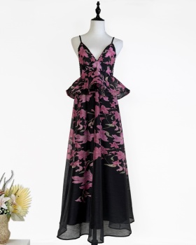 Silk linen sling jumpsuit pinched waist long dress