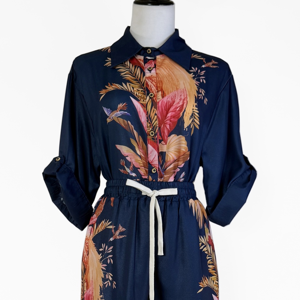 Printing shirt wide leg long pants 2pcs set