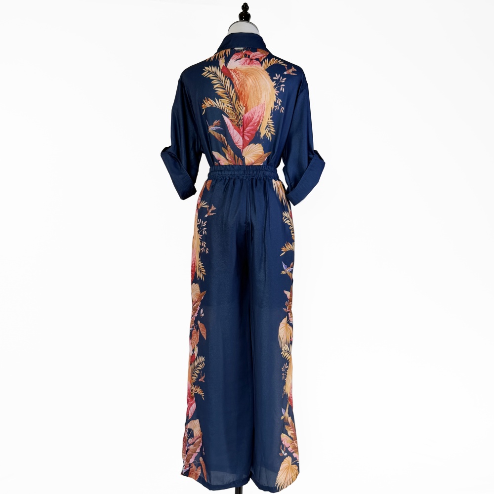 Printing shirt wide leg long pants 2pcs set