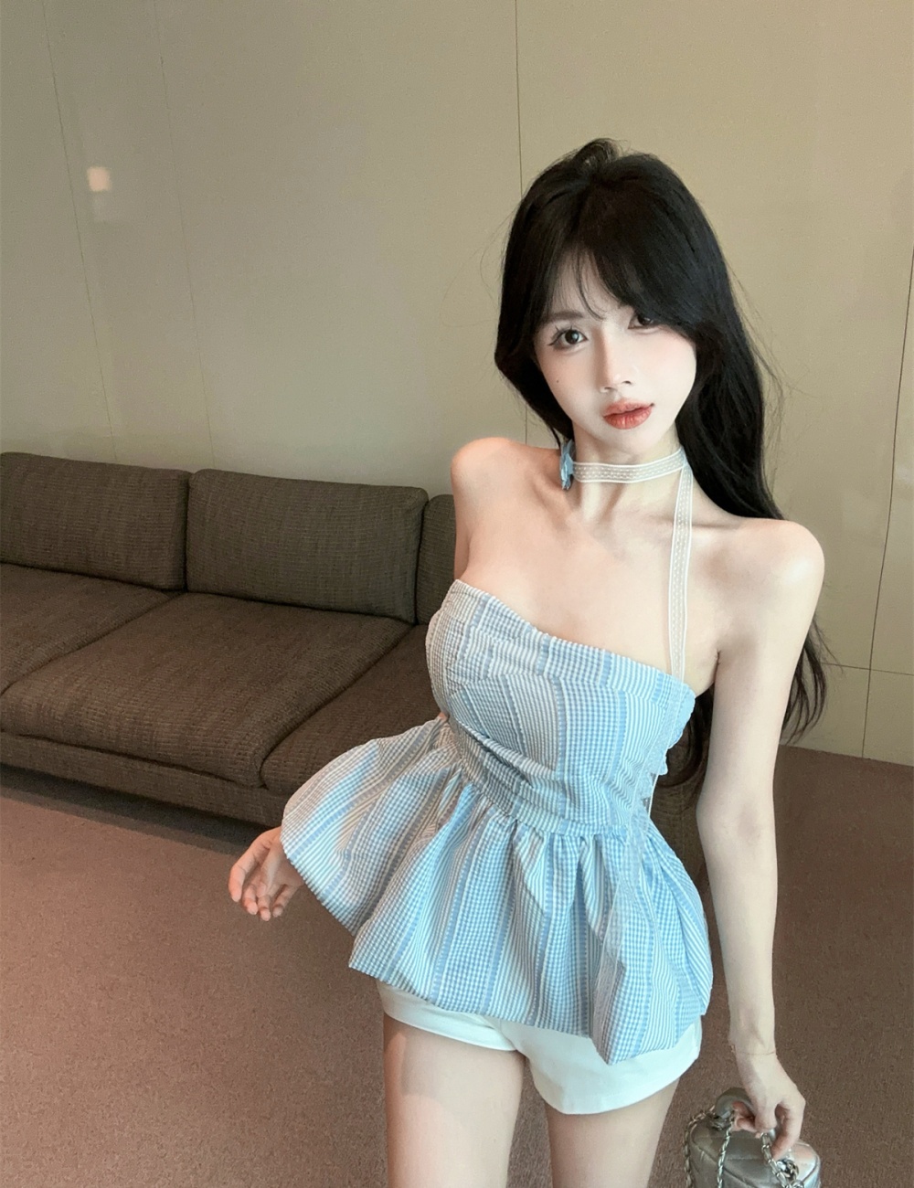 Irregular bud plaid pattern pinched waist tops