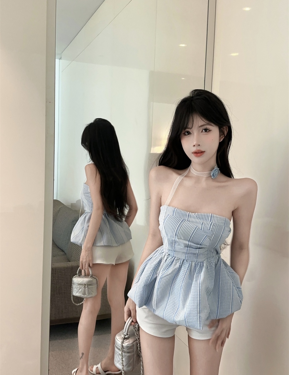 Irregular bud plaid pattern pinched waist tops