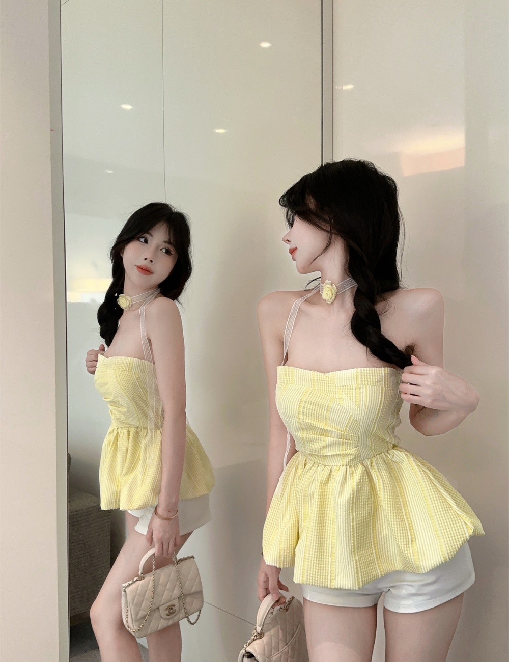 Irregular bud plaid pattern pinched waist tops
