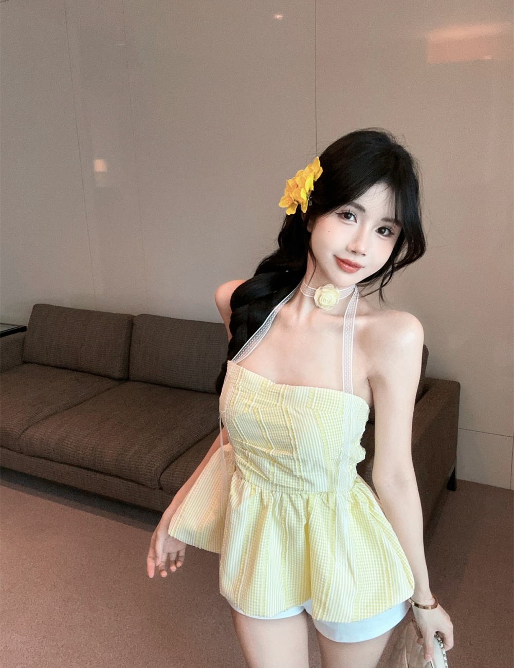 Irregular bud plaid pattern pinched waist tops