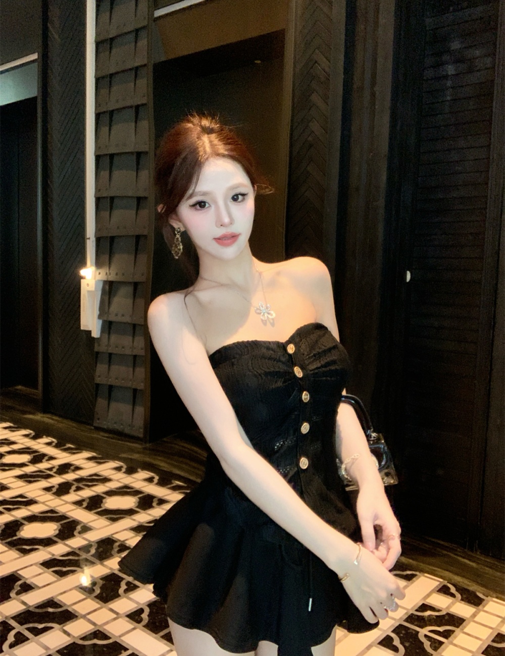 Lace summer sweet tops A-line sling skirt 2pcs set for women