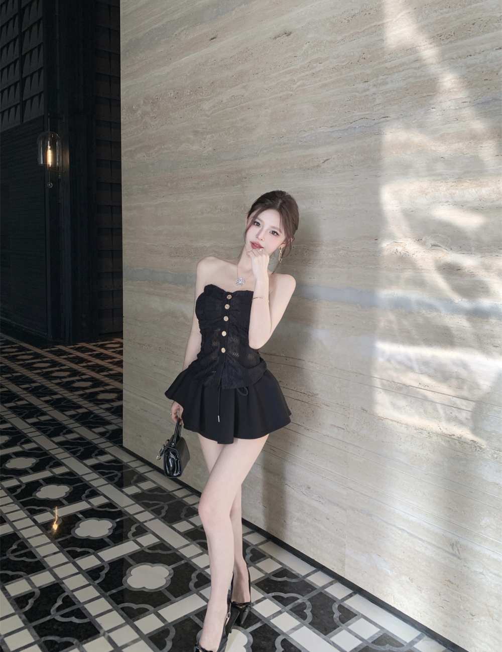 Lace summer sweet tops A-line sling skirt 2pcs set for women