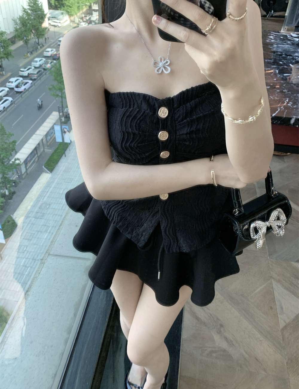 Lace summer sweet tops A-line sling skirt 2pcs set for women