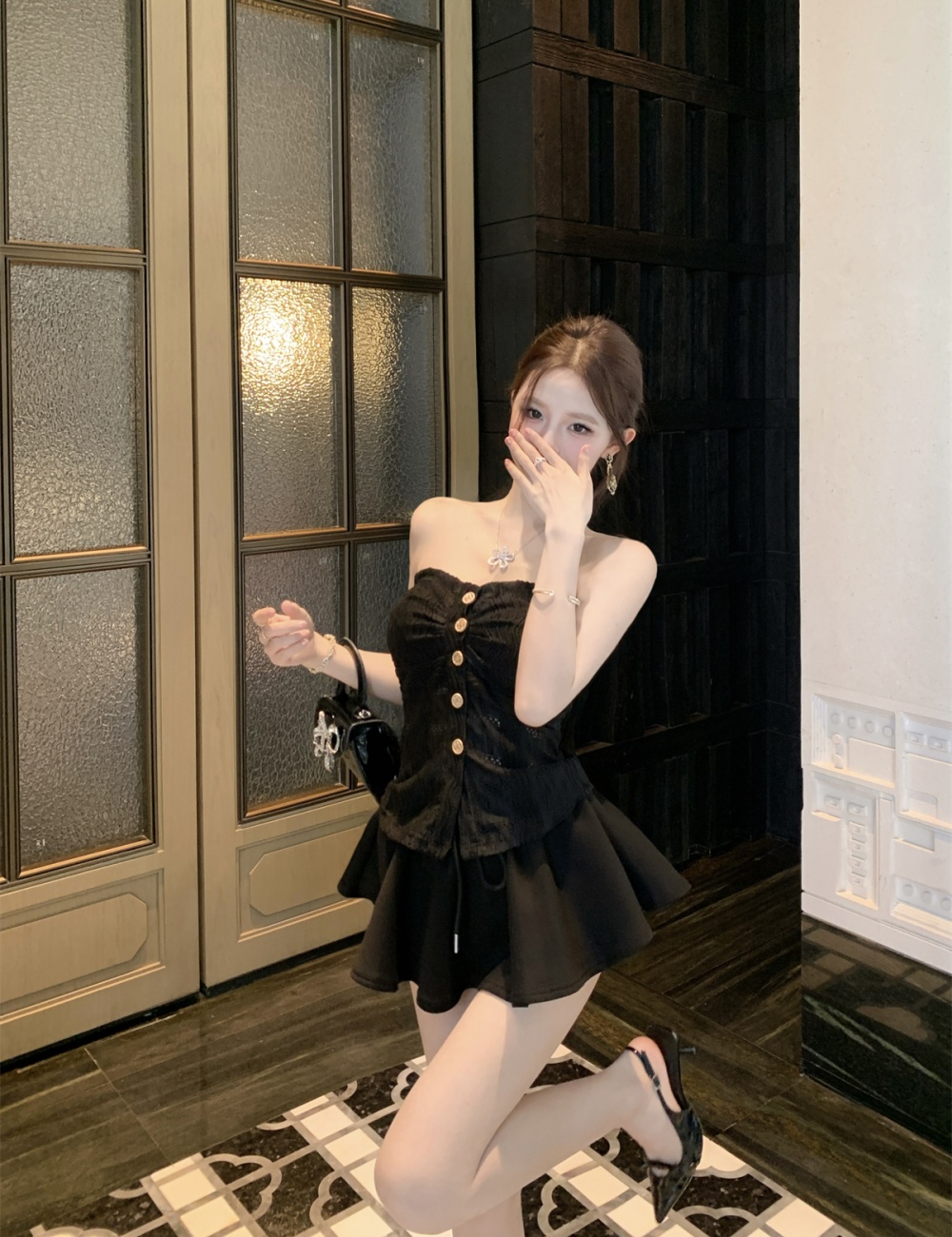 Lace summer sweet tops A-line sling skirt 2pcs set for women