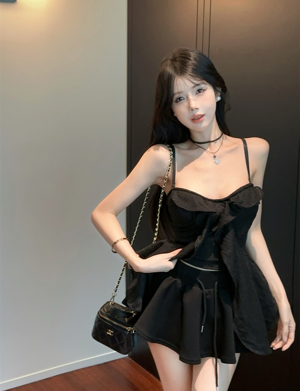Drawstring beautiful skirt summer tops 2pcs set