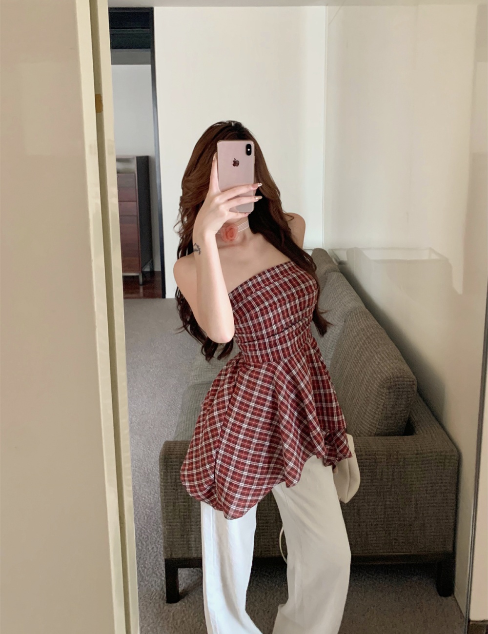 Retro slim wrapped chest plaid tops