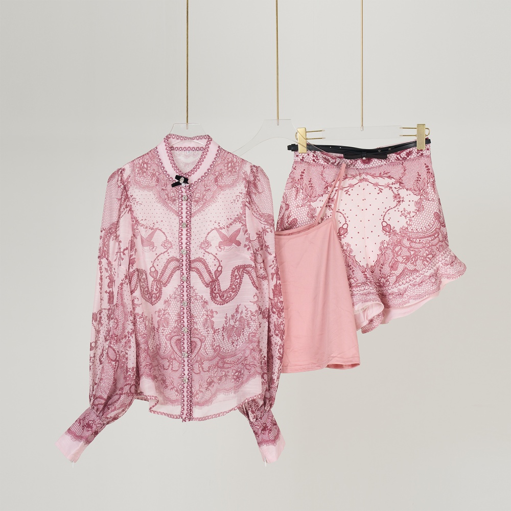 Silk linen vacation shorts buckle slim shirt 3pcs set