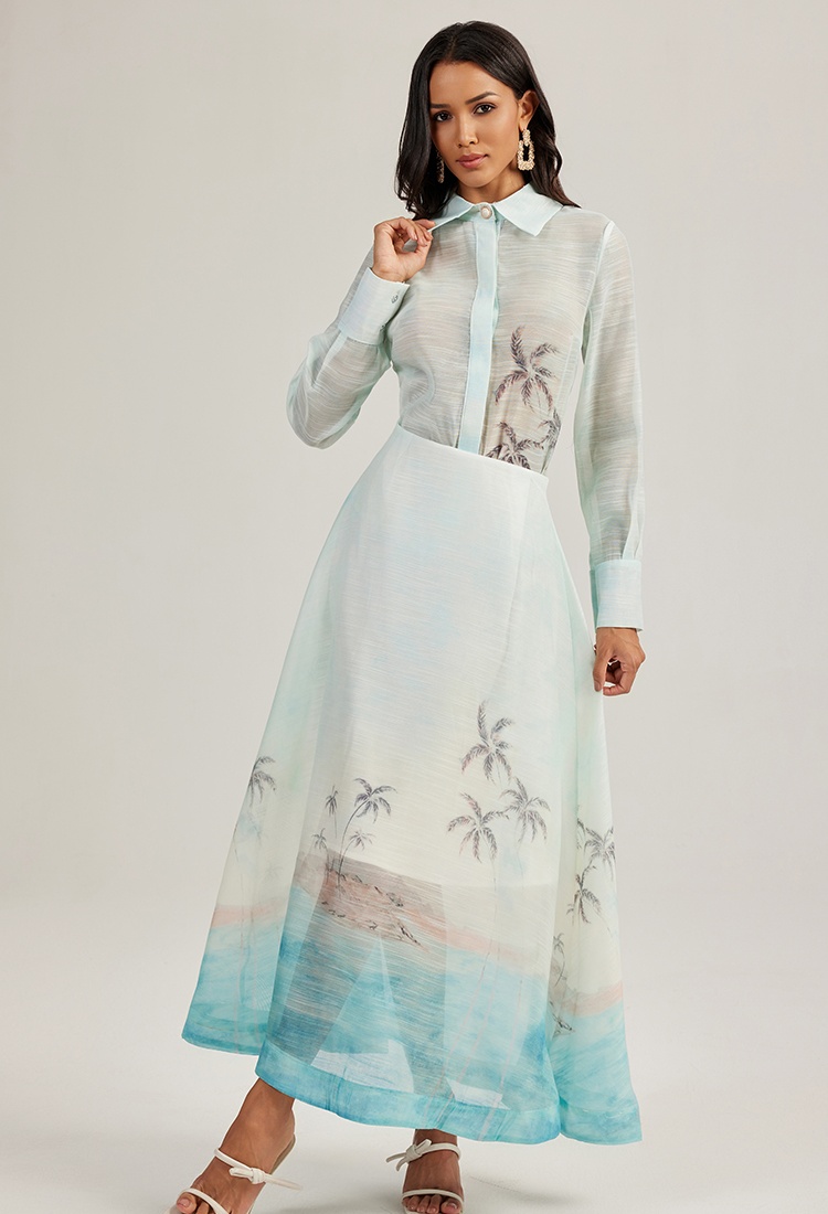 Court style retro skirt printing shirt 2pcs set