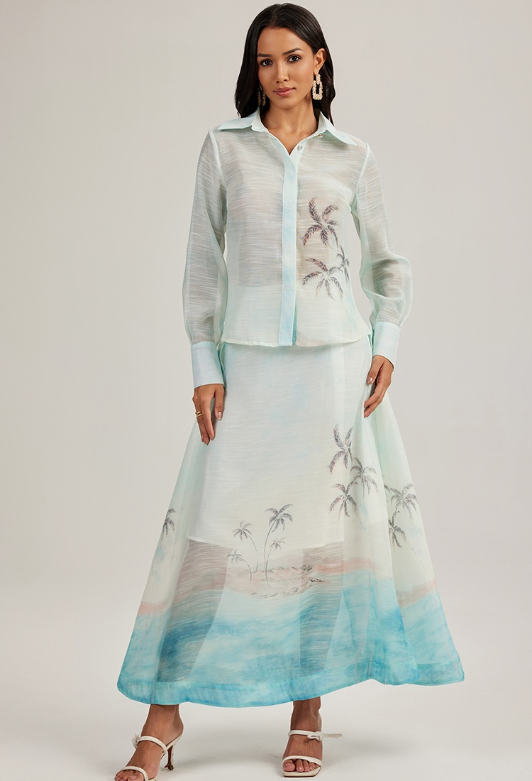 Court style retro skirt printing shirt 2pcs set