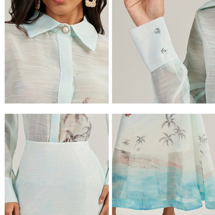 Court style retro skirt printing shirt 2pcs set