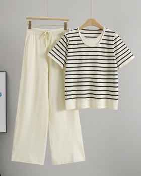 Pseudo-two wide leg pants T-shirt 2pcs set for women