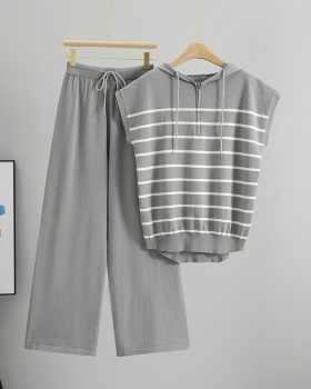 Casual stripe tops summer wide leg pants 2pcs set for women