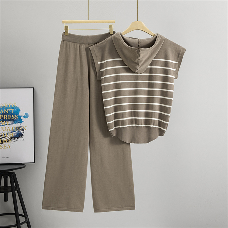 Casual stripe tops summer wide leg pants 2pcs set for women