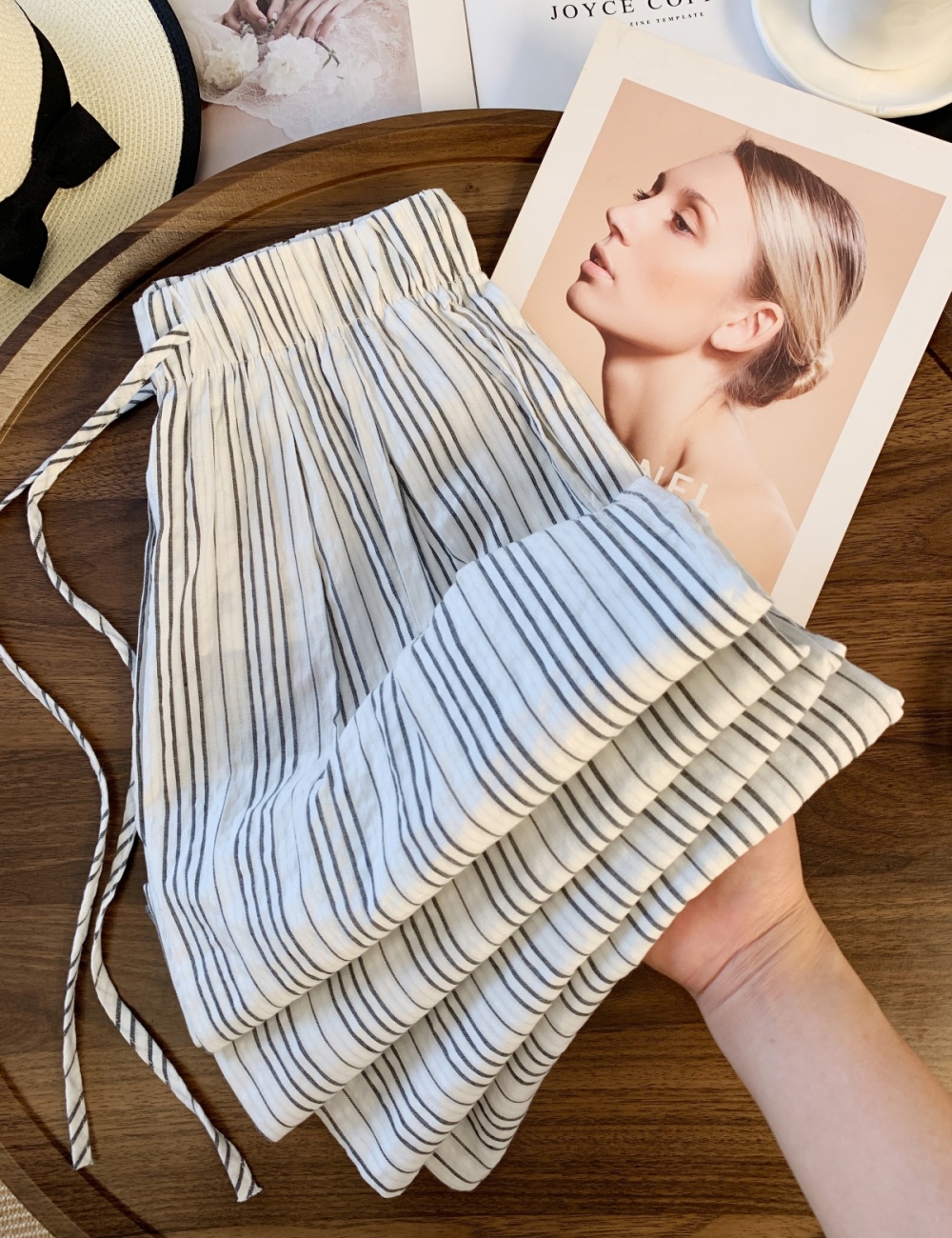 Stripe drawstring long pants wide leg casual pants