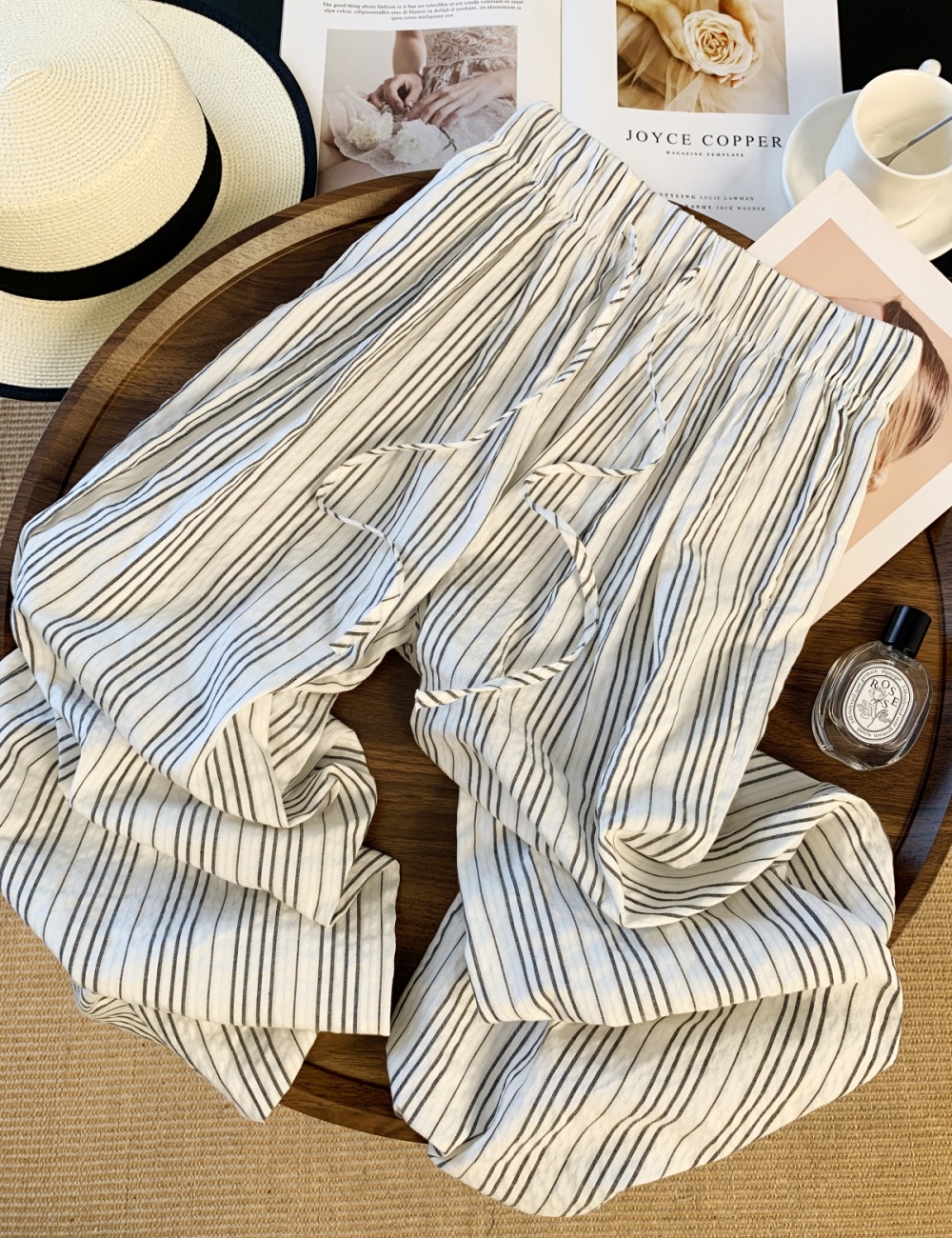 Stripe drawstring long pants wide leg casual pants