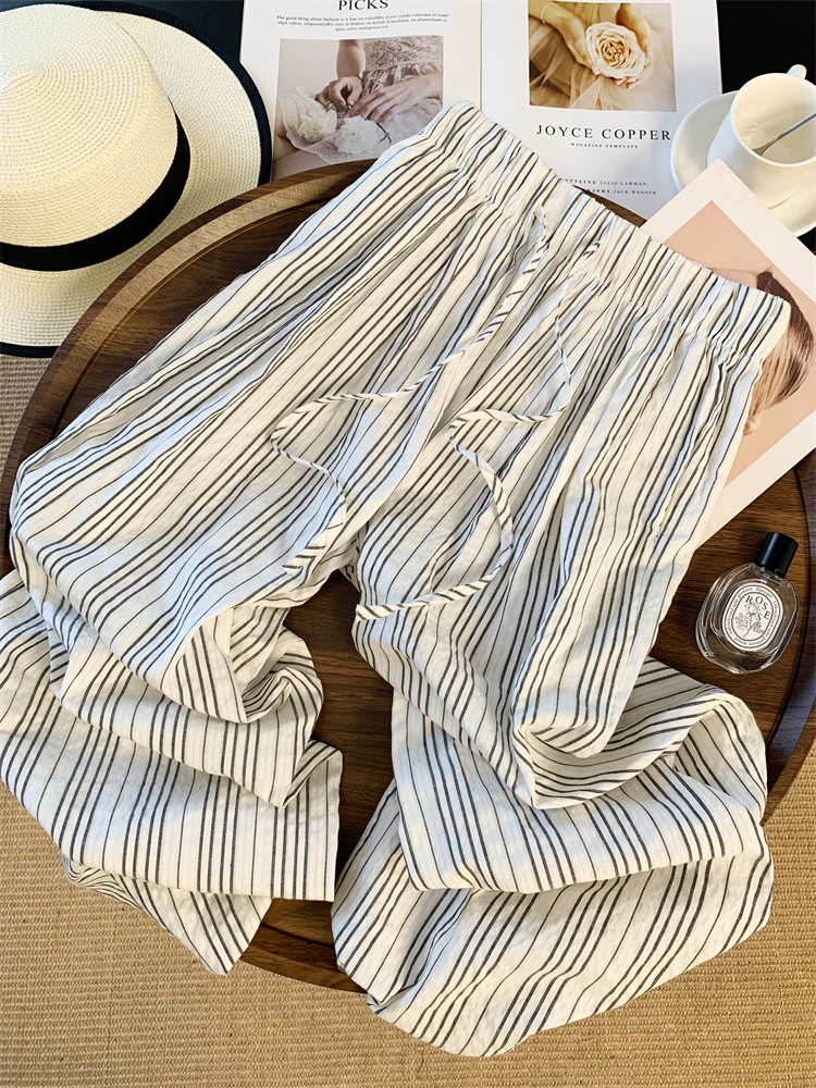 Stripe drawstring long pants wide leg casual pants
