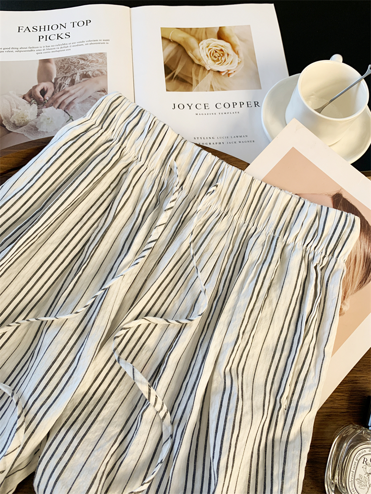 Stripe drawstring long pants wide leg casual pants