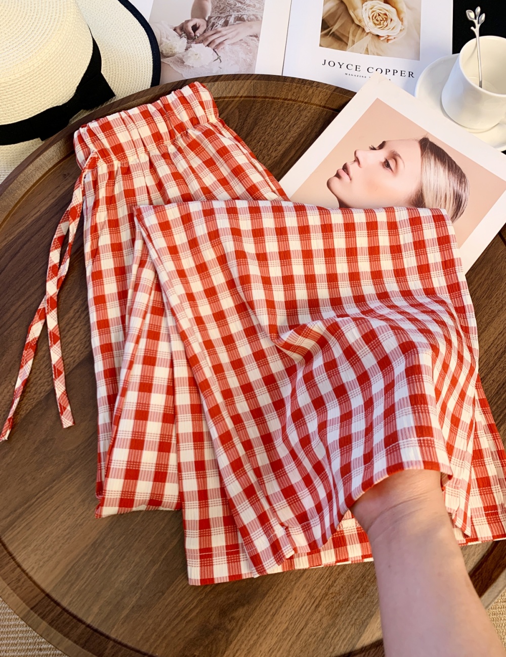 Plaid maiden wide leg pants red summer pants for women