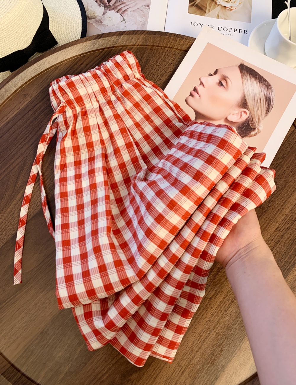 Plaid maiden wide leg pants red summer pants for women