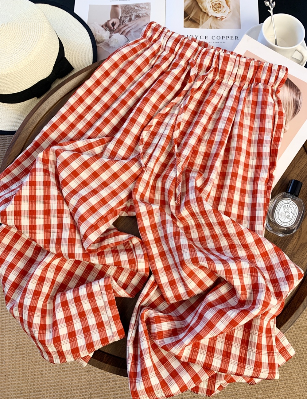 Plaid maiden wide leg pants red summer pants for women