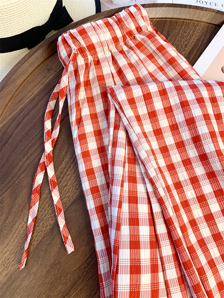 Plaid maiden wide leg pants red summer pants for women