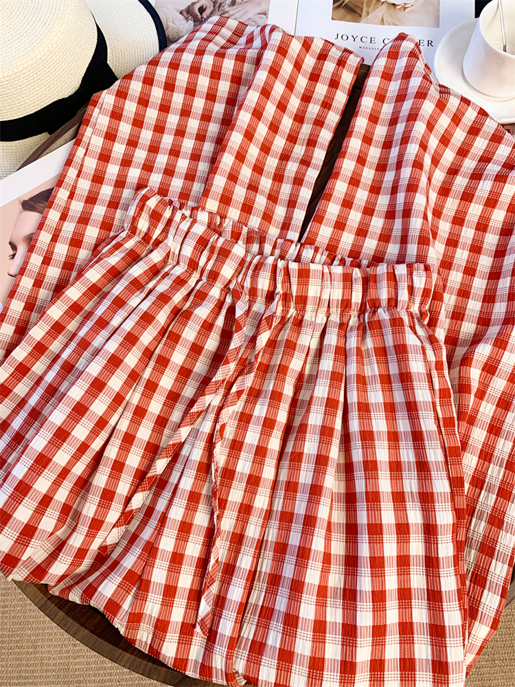 Plaid maiden wide leg pants red summer pants for women