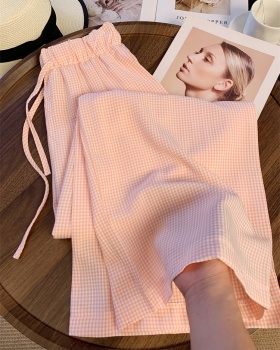 Pink maiden plaid pants lazy summer wide leg pants for women