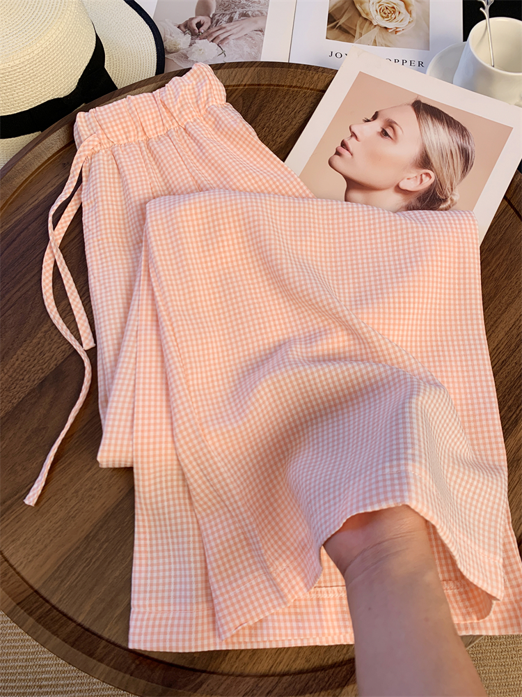 Pink maiden plaid pants lazy summer wide leg pants for women