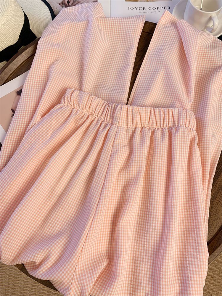 Pink maiden plaid pants lazy summer wide leg pants for women